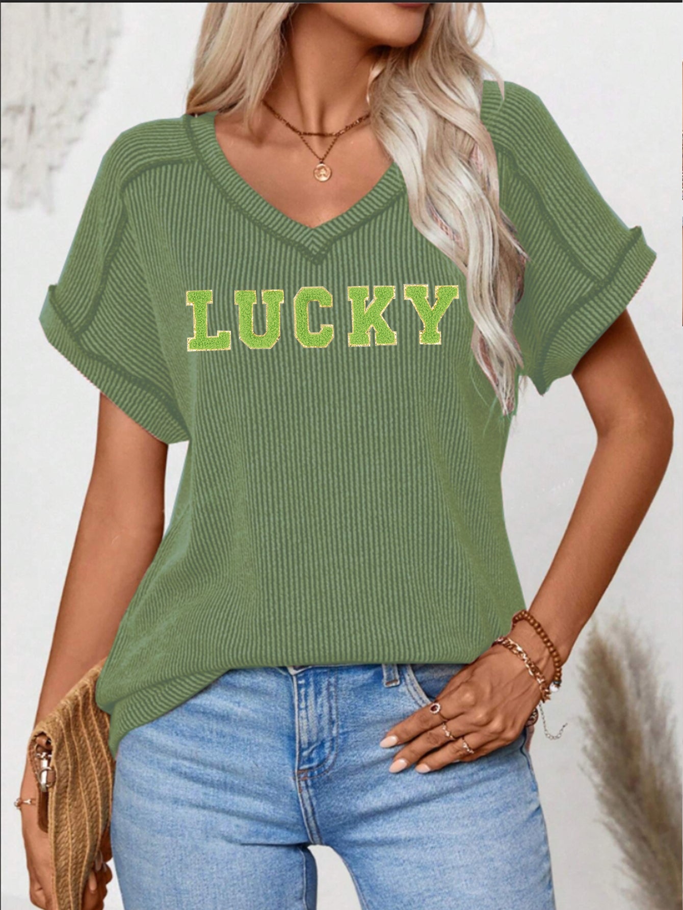 St Patricks Day Lucky V Neck Graphic T-Shirt