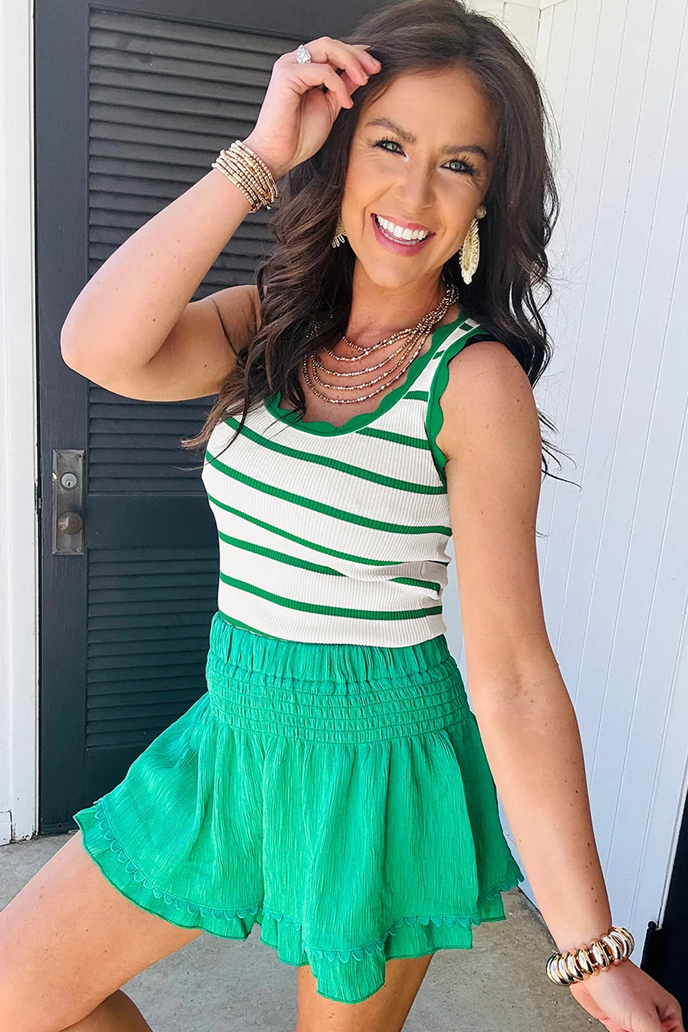 Striped Scalloped Edge U Neck Sleeveless Sweater Vest