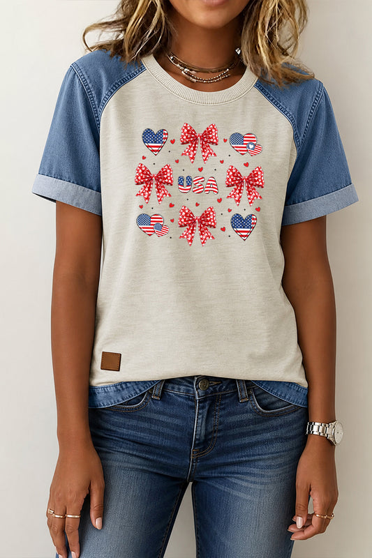 Bow Heart Flag Denim Patchwork Tee Casual