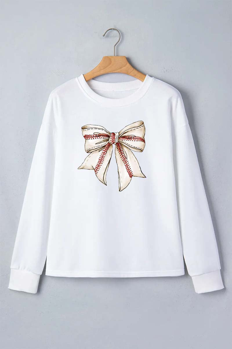Top Baseball Bow Print Round Neck Long Sleeve Casual