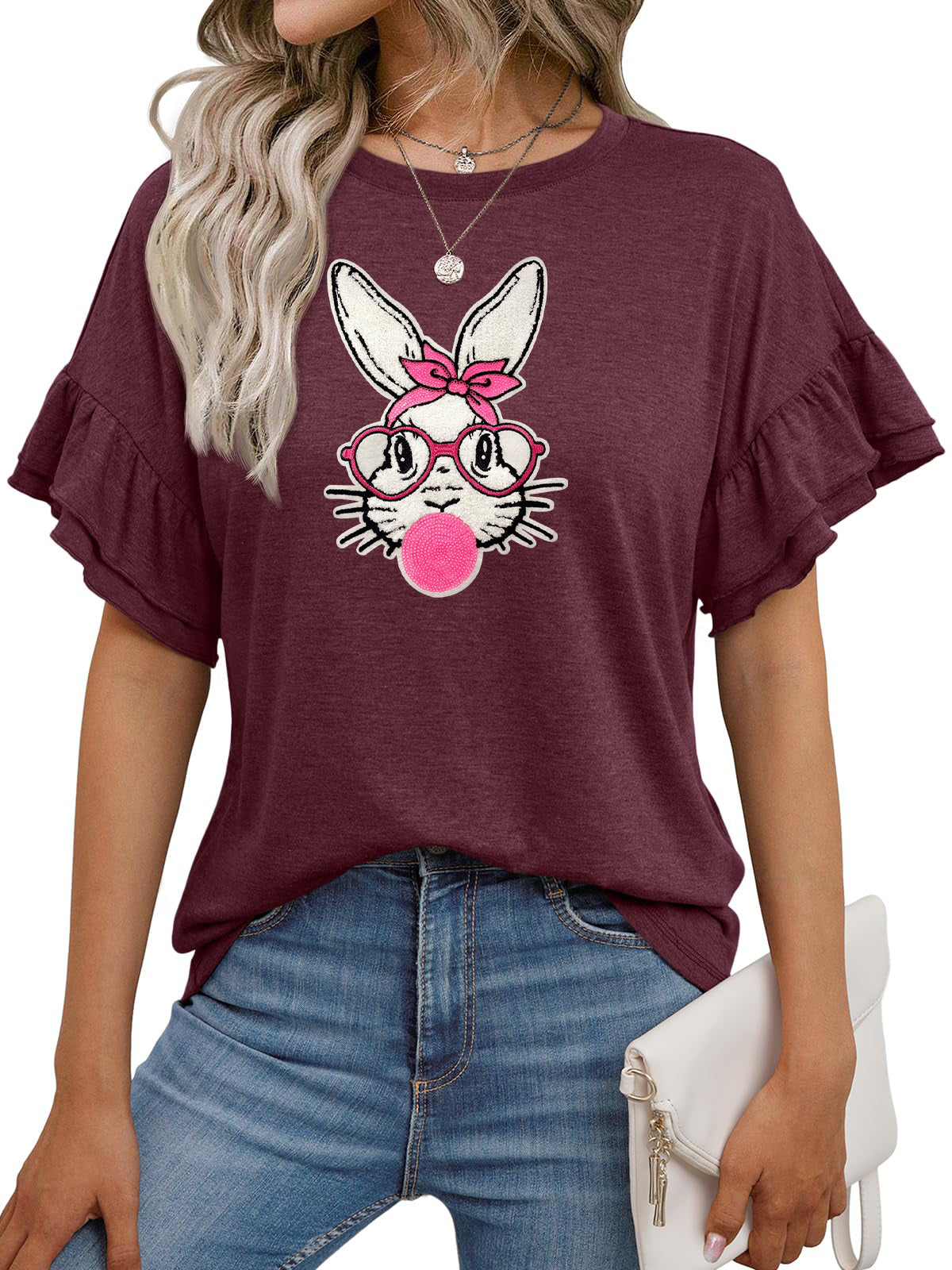 Easter Bunny Floral Graphic Ruffle Sleeve T Shirt