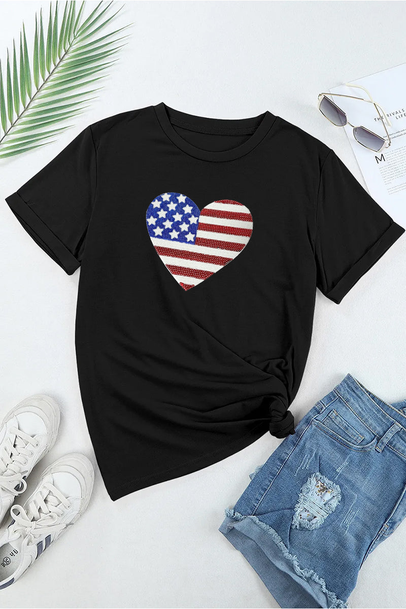 Heart American Flag Independence Day Short Sleeve Tee