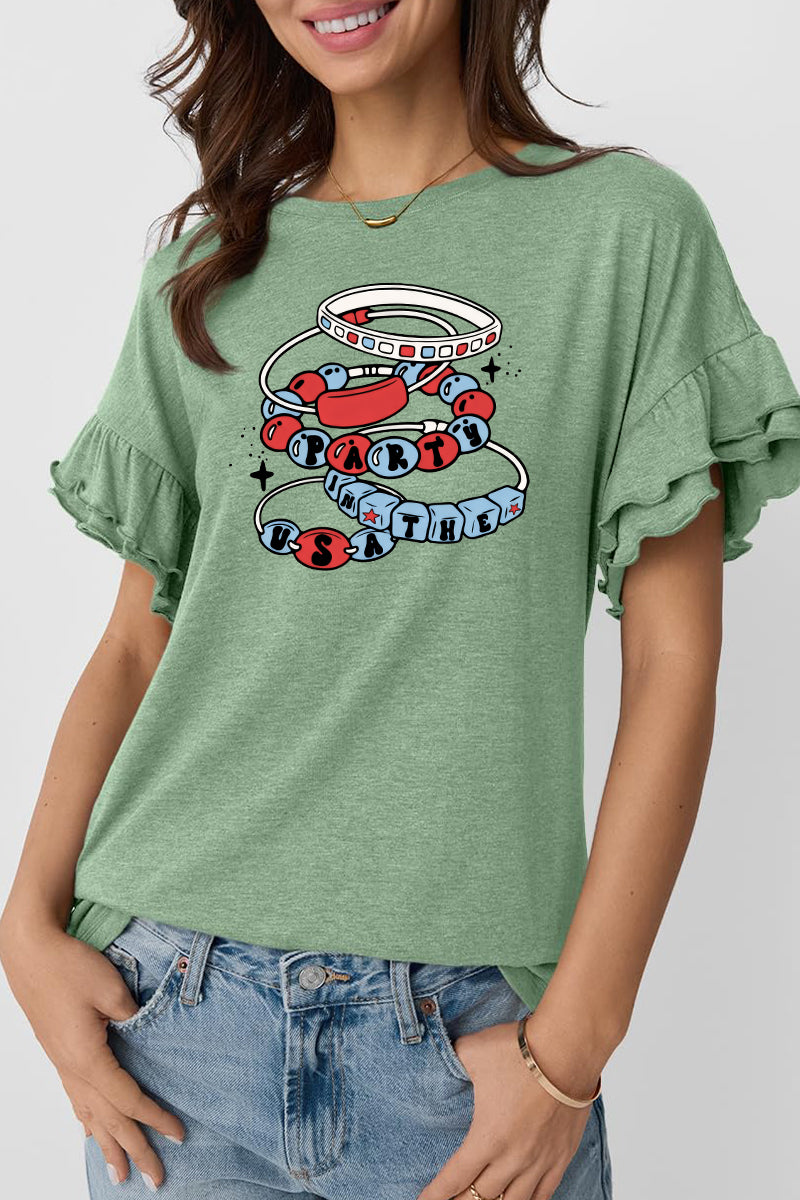 Patriotic Bracelet Graphic Tee Ruffle Sleeve Top