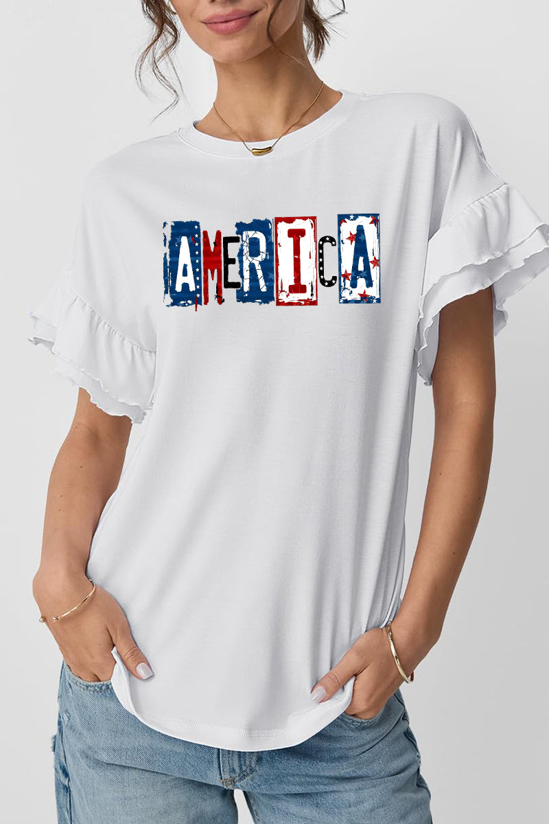 America Graphic Ruffle Sleeve Tee Patriotic Holiday Top