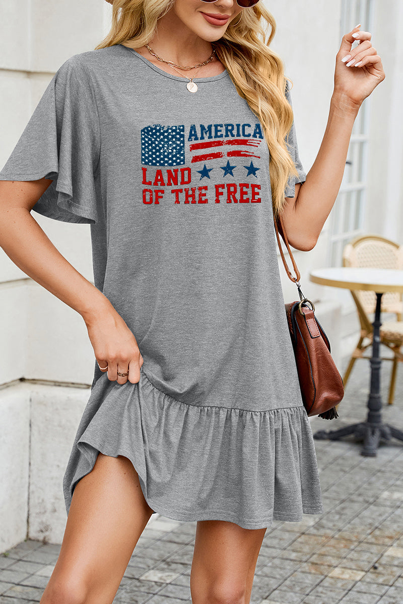 American Flag Cotton Dress Casual Ruffle Patriotic