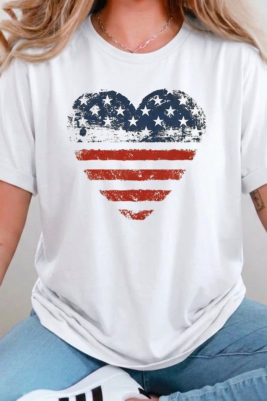 Fourth of July Heart American Flag Graphic Tee Women