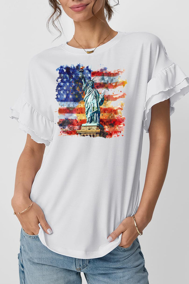 USA Flag Statue Graphic Ruffle Sleeve Patriotic Tee
