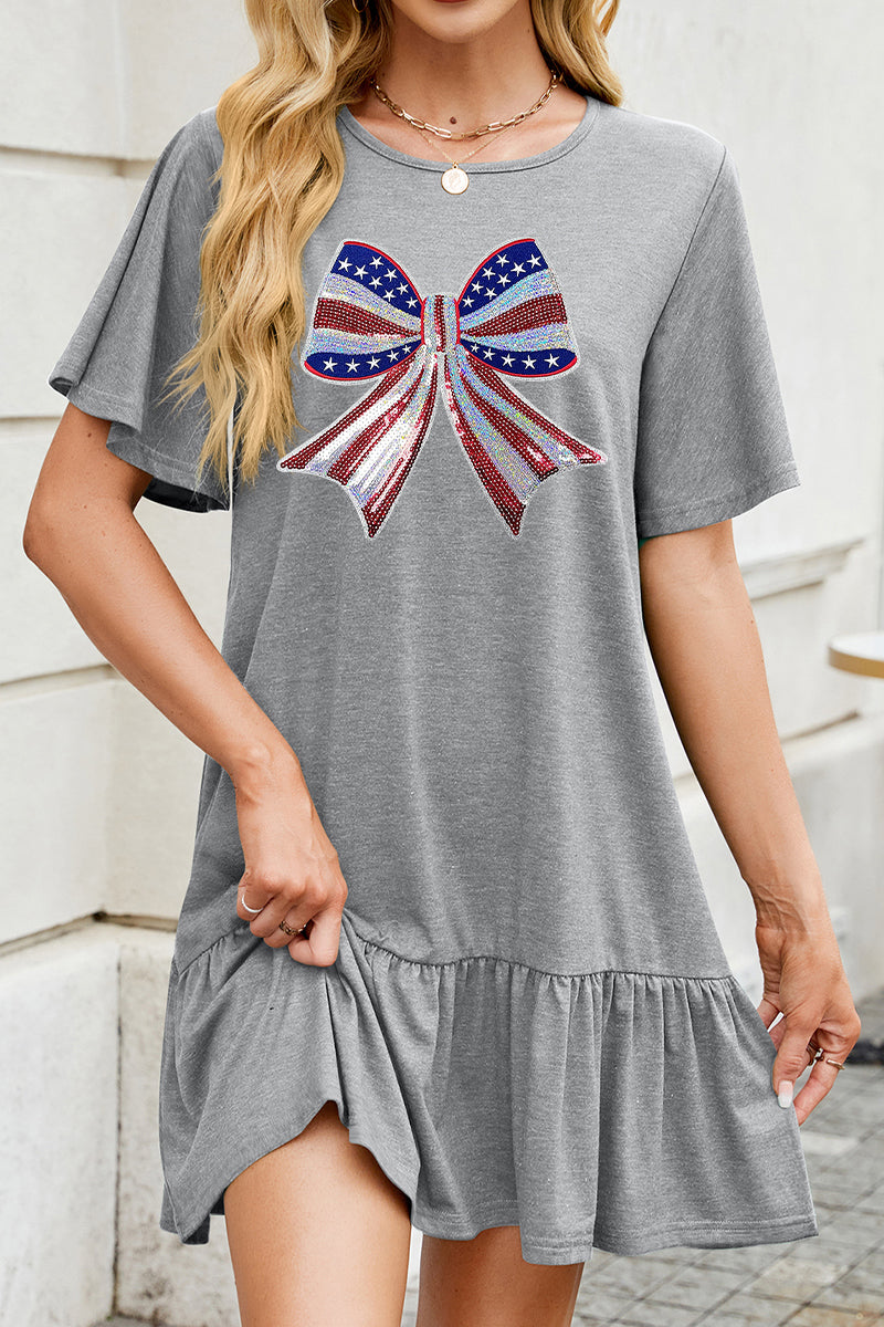 USA Bow Graphic Ruffle Hem Loose Fit Short Sleeve Dress