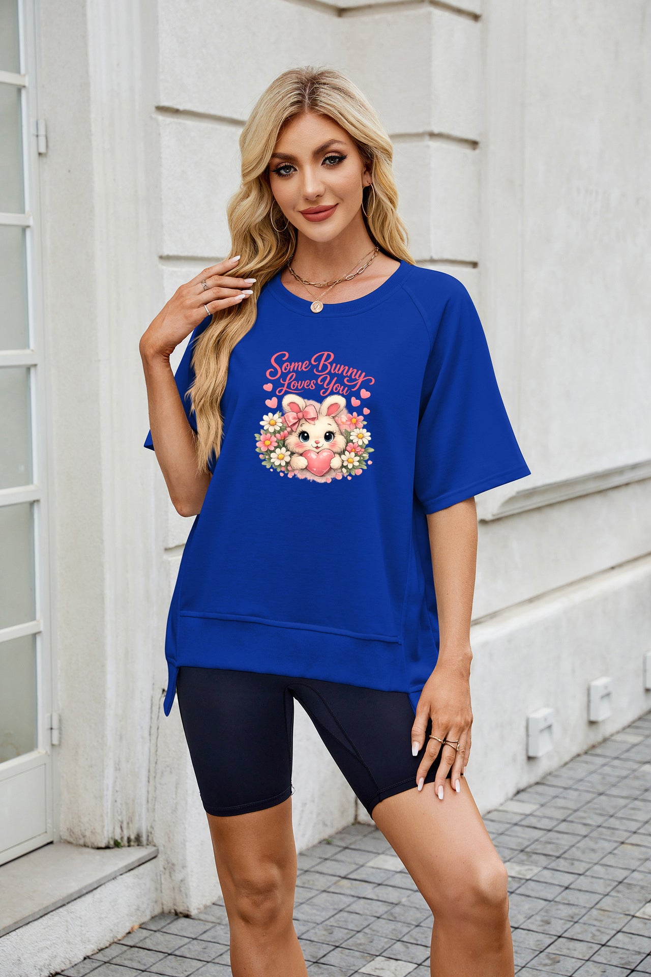 Easter Bunny Bow Graphic Casual Crewneck T Shirt