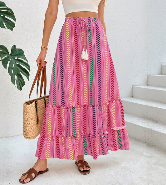 2025 Summer Color-Block Print Elastic Waist Bohemian Patchwork Skirt