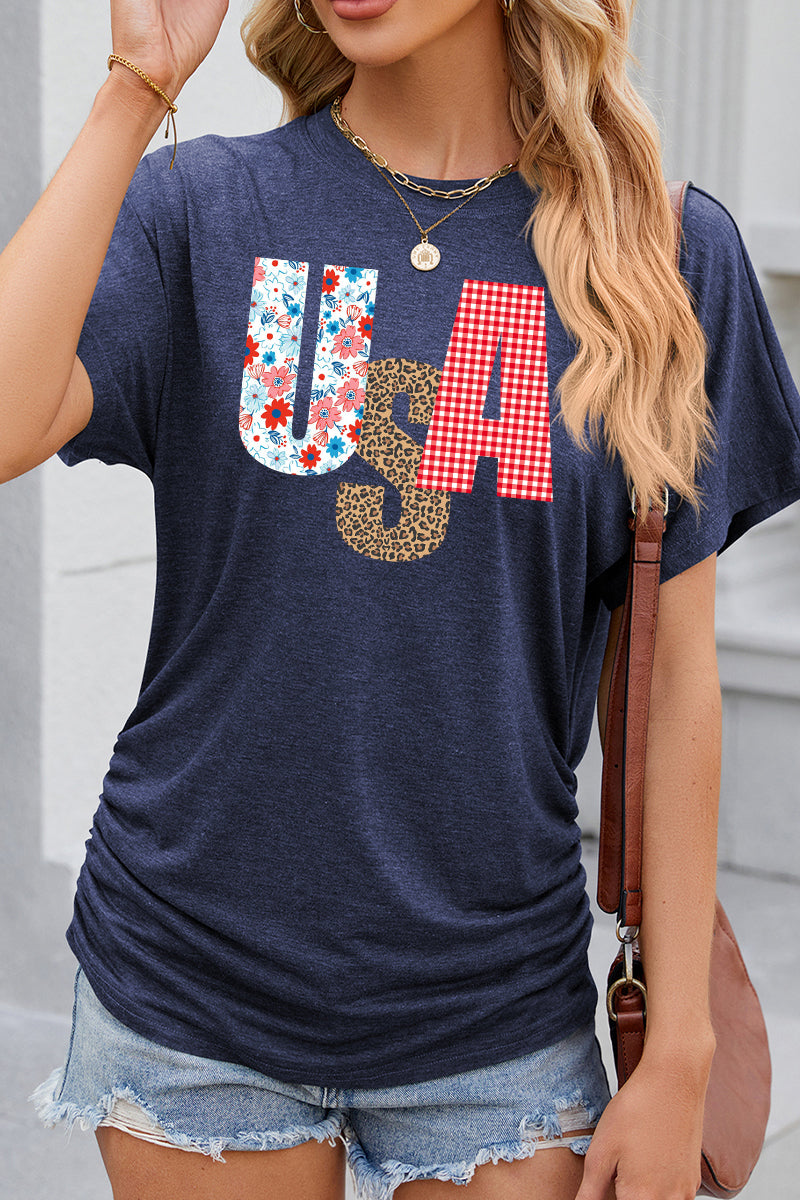 USA  Floral Graphic Casual Patriotic T Shirt