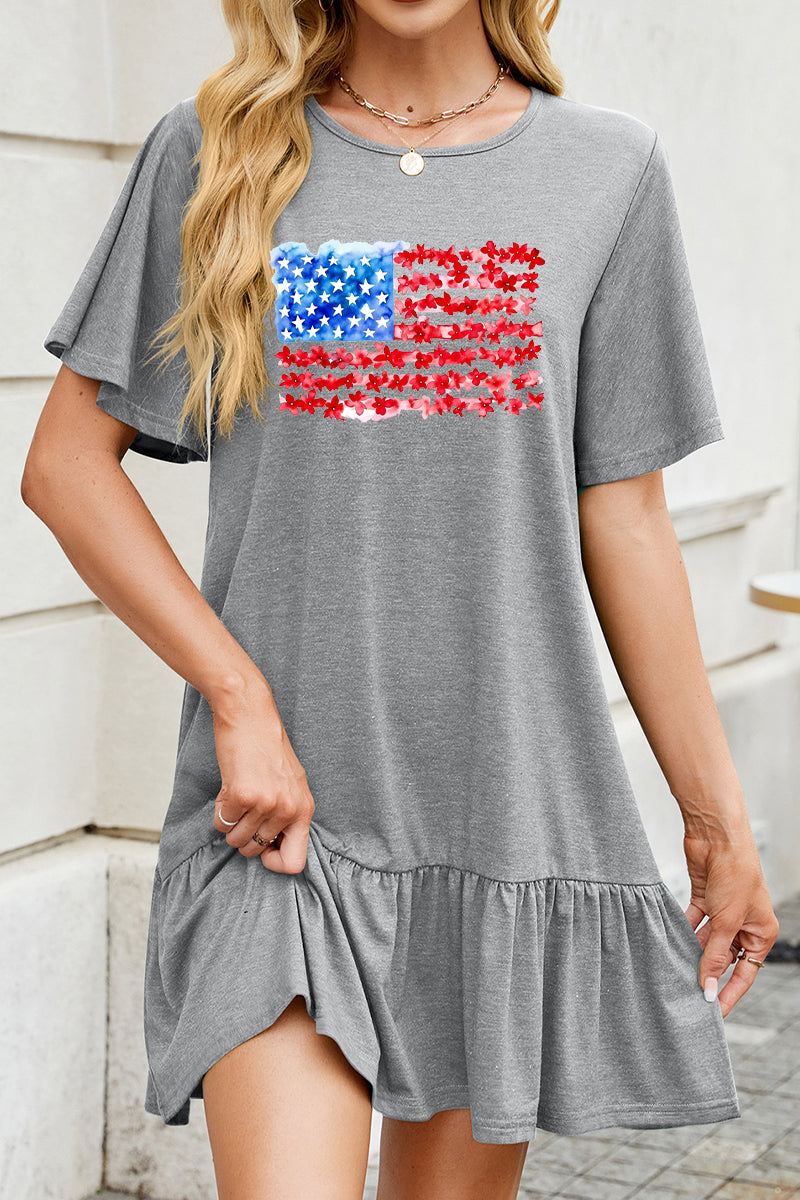 American Flag Cotton Dress Casual Ruffle Vacation