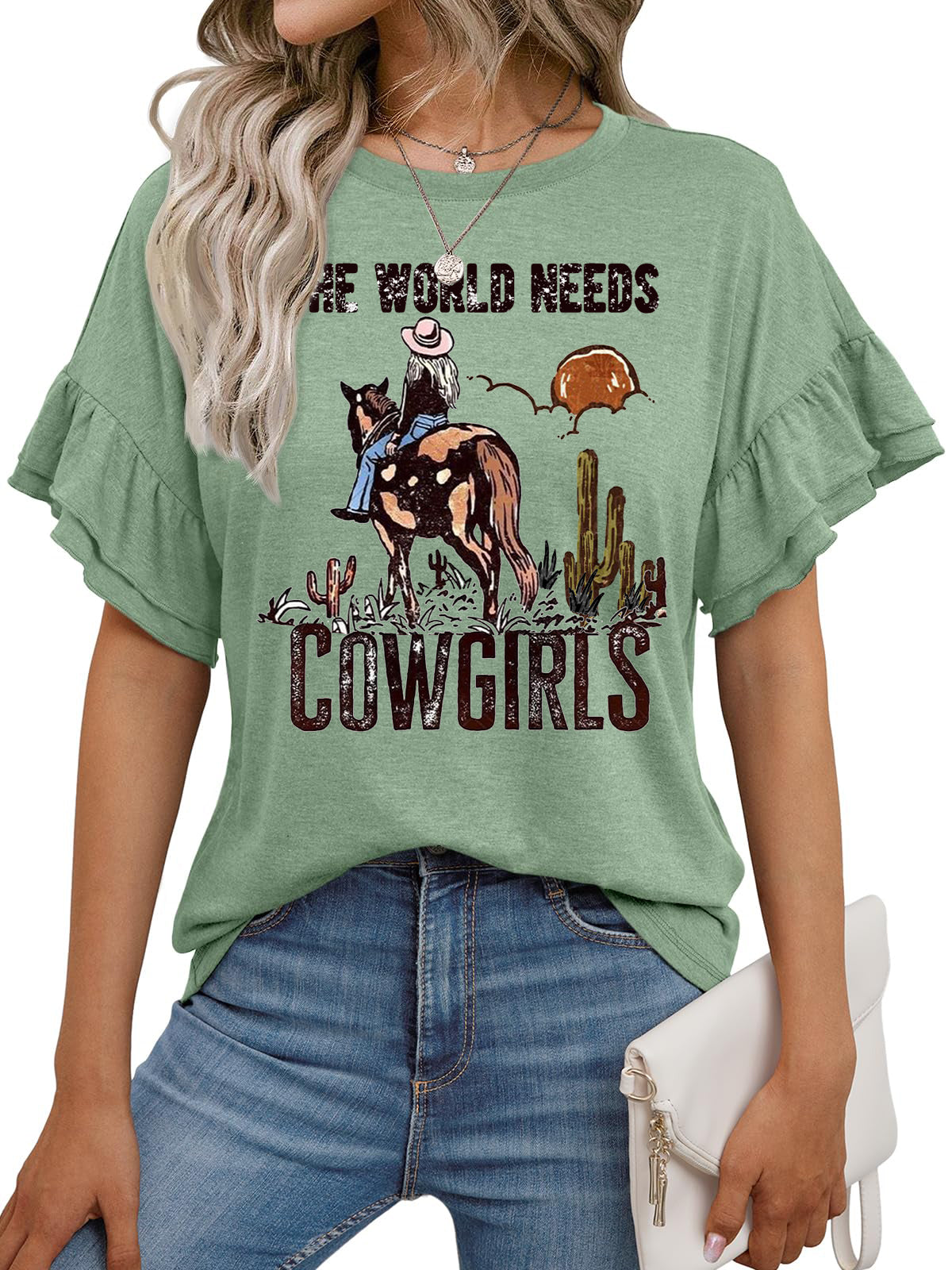 Vintage Cowgirl Graphic Ruffle Sleeve Western Tee