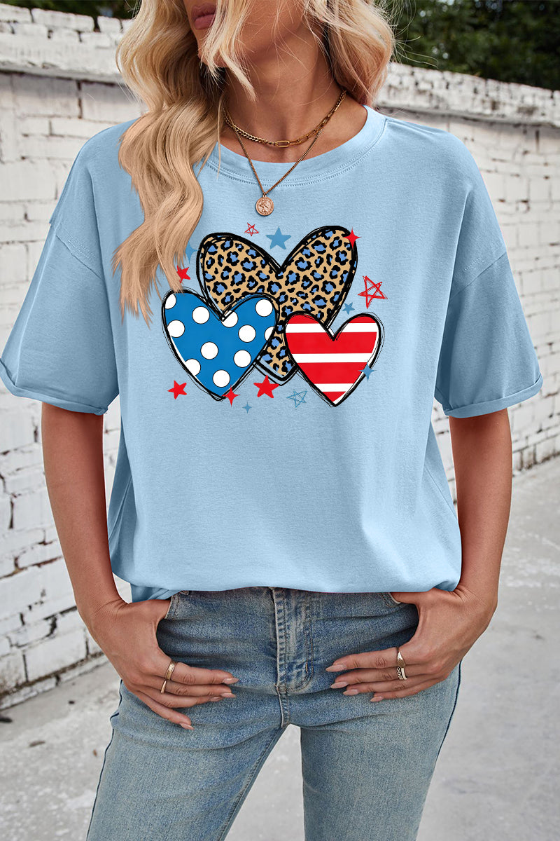 Patriotic Cotton Graphic Tee Oversized Heart Star Top