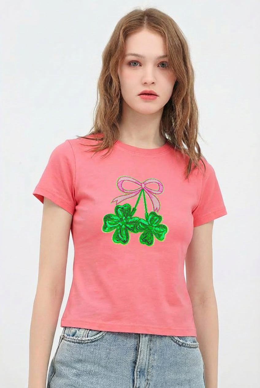 St Patricks Day Bow Shamrock Sequin Crop T-Shirt