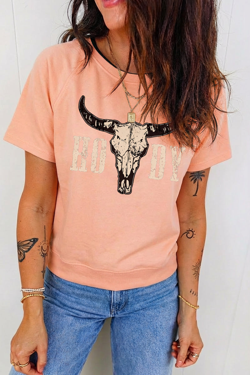 Western Howdy Cow Skull Graphic Tee Vintage Cowboy Top