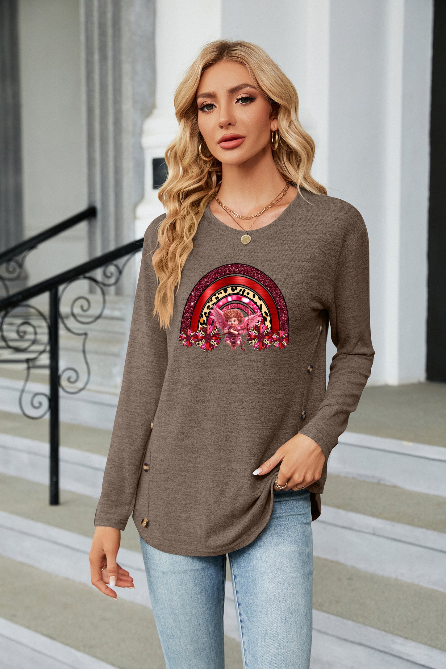 Valentine's Day Rainbow Heart Floral Graphic Long Sleeve
