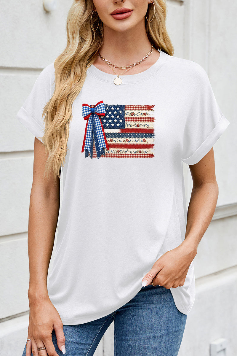 USA Flag Bow Tee Women Patriotic 4th of July Shirt