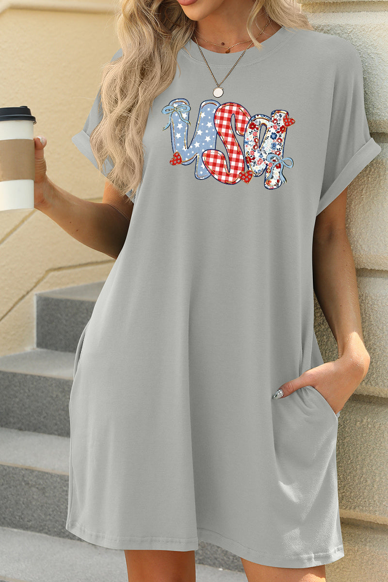 USA Graphic Pocket T Shirt Dress Patriotic Casual