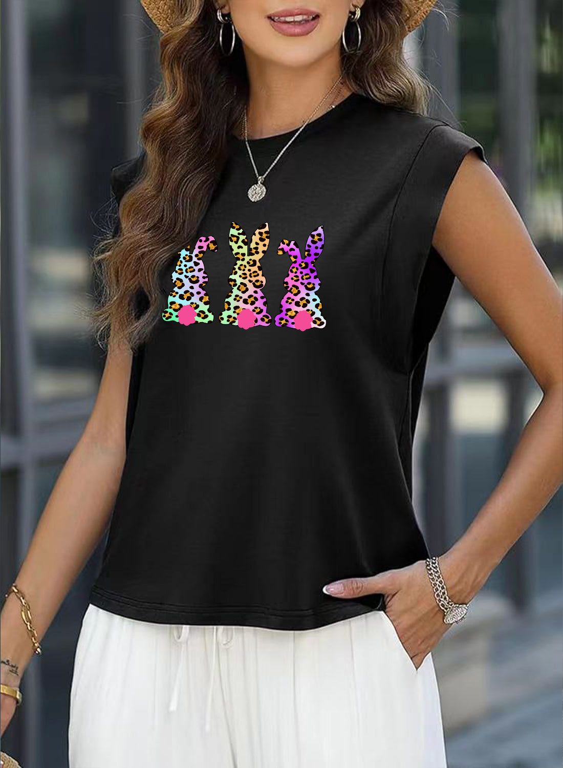Easter Sequin Bunny Graphic Sleeveless Casual Top