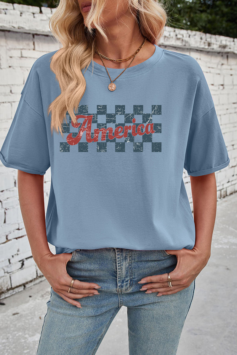 Checkerboard Graphic Rayon Tee Oversized Casual Top