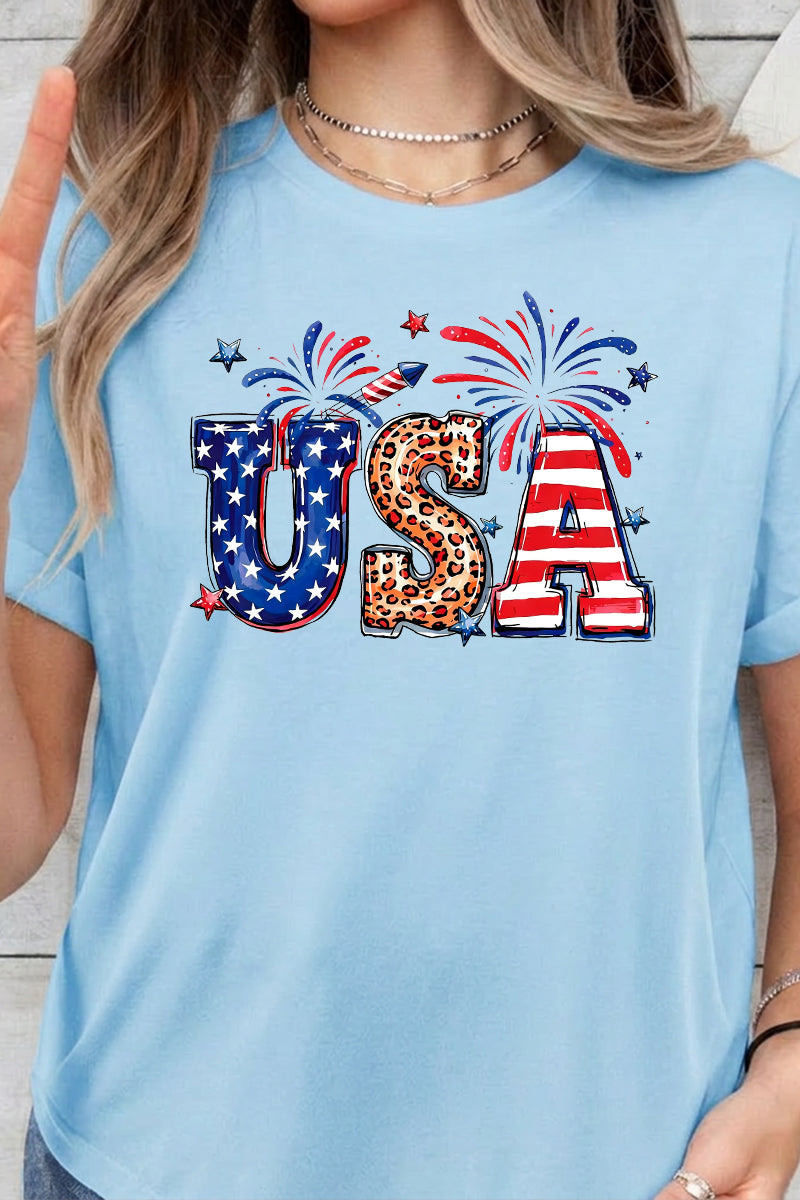 USA Fireworks Graphic Crewneck Casual Tee