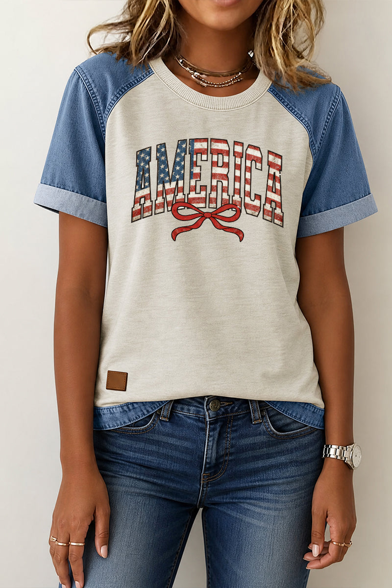 Patriotic Graphic Tee Denim Patchwork America Bow Top