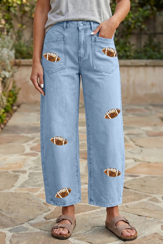 Game Day Football Patch Light Wash Wide Leg Jeans