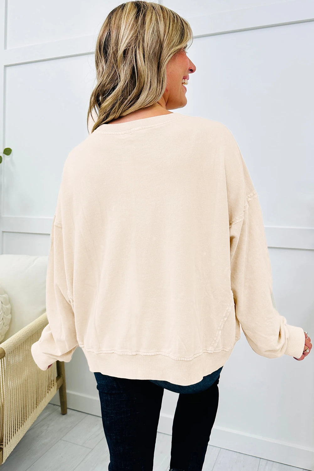 Beige Flower Patched Mineral Wash Round Neck Plus Size Top