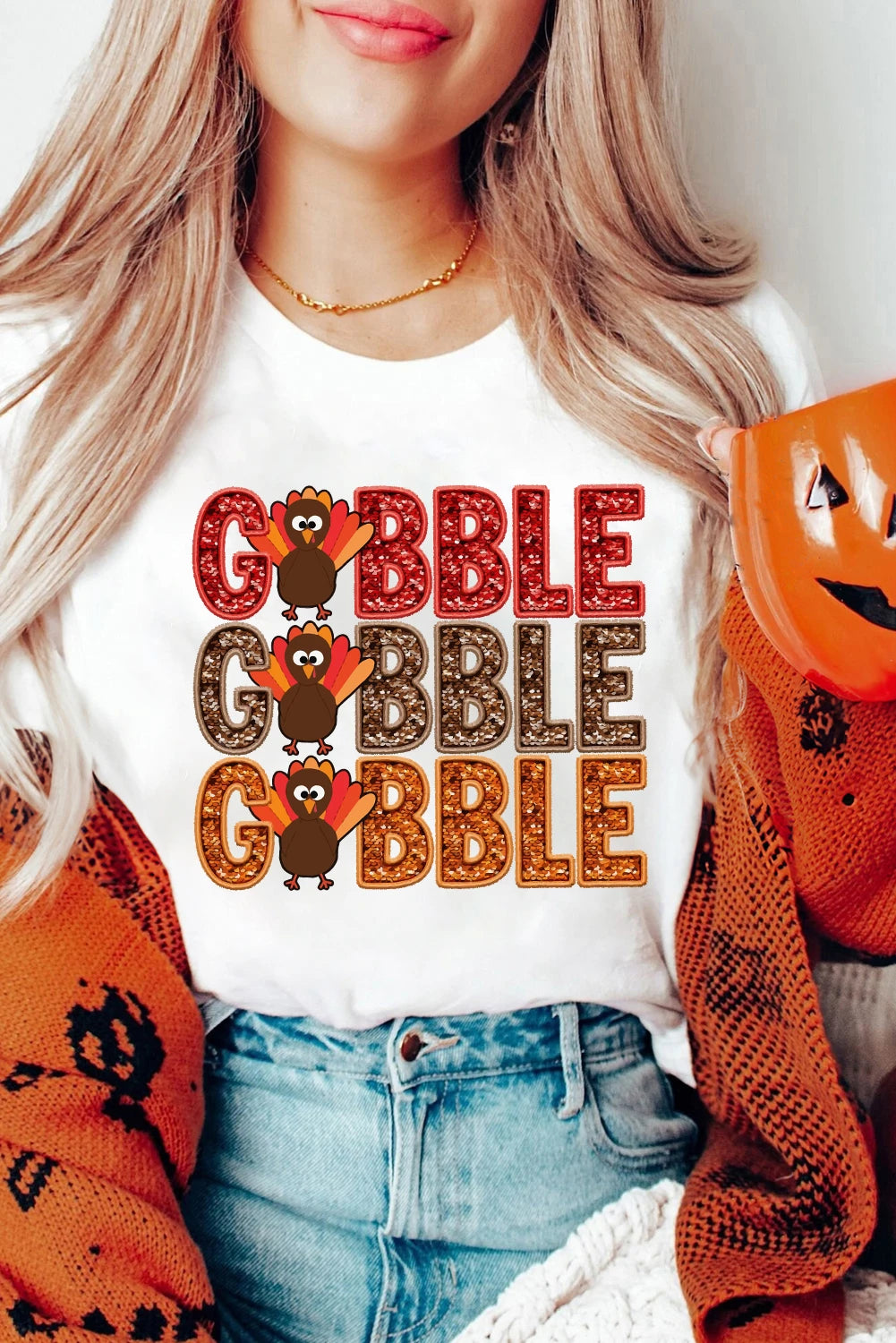 White GOBBLE Thanksgiving Turkey Print T Shirt
