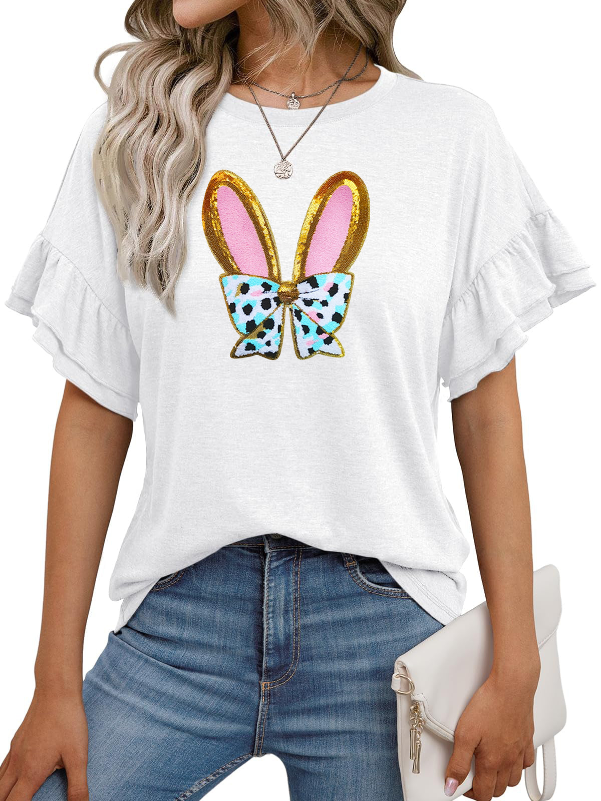 Easter Bunny Graphic Ruffle Sleeve T Shirt