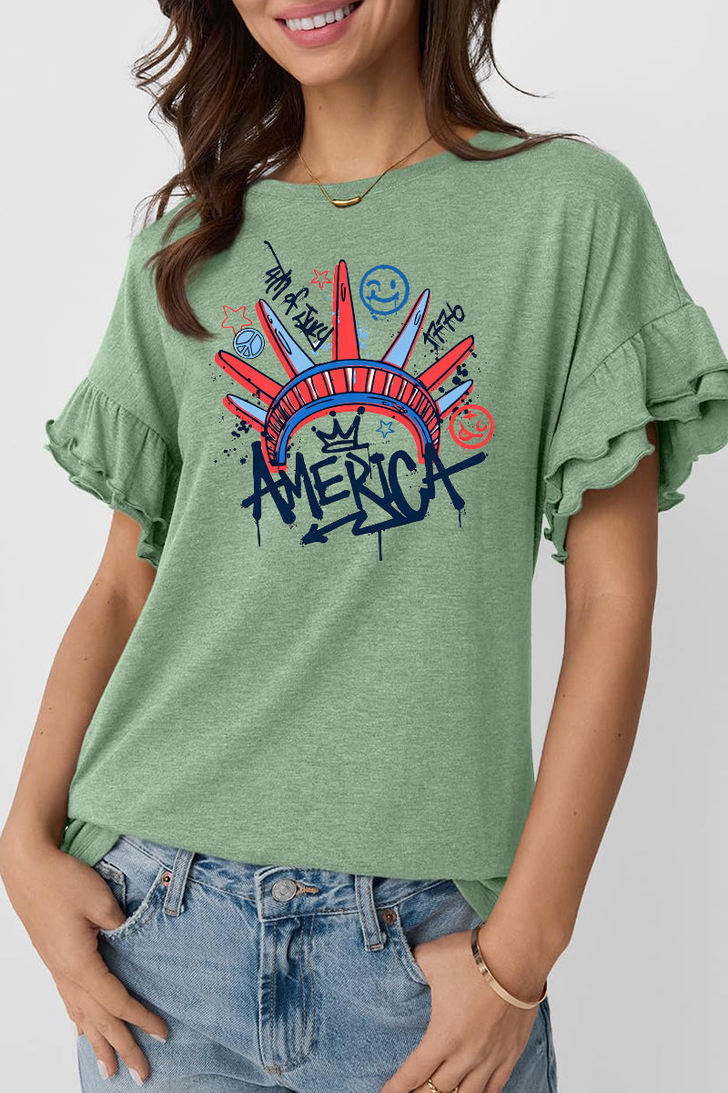 Graffiti Cotton Tee America Graphic Ruffle Sleeve Top