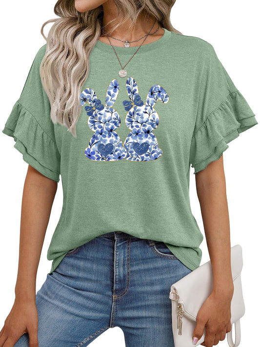Easter Bunny Truck Graphic Ruffle Sleeve Casual Tee
