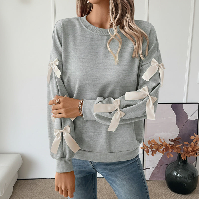 Crew Neck Pullover Top 3D Bowknot Trim Loose Sweatshirts