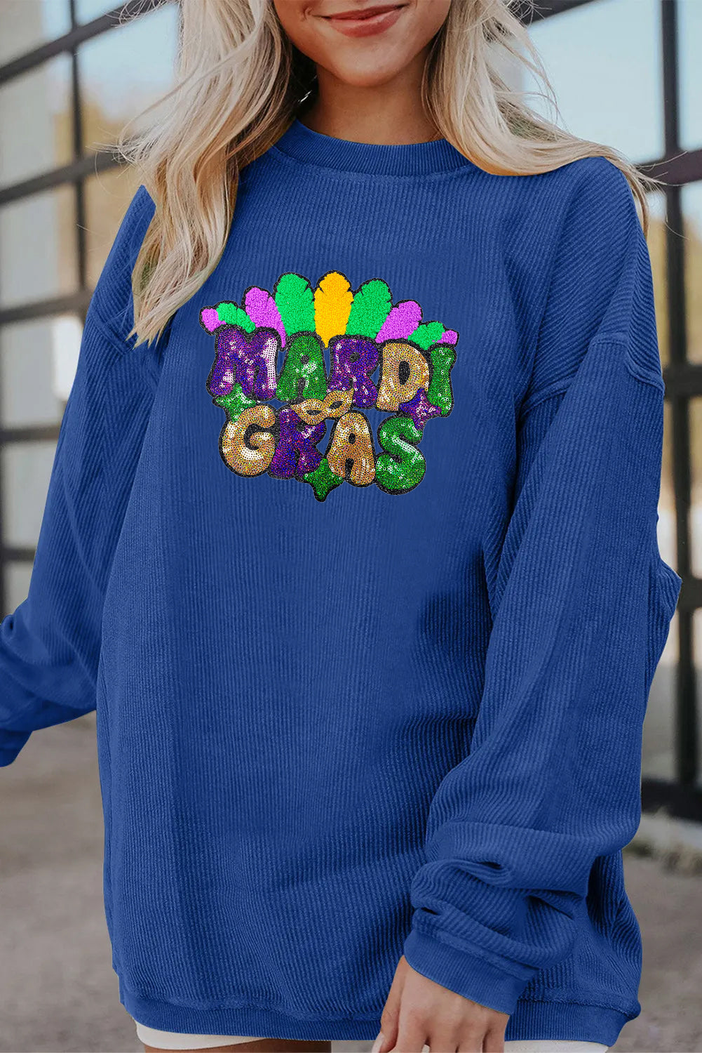 Mardi Gras Beaded Sequin Graphic Corded Sweatshirt