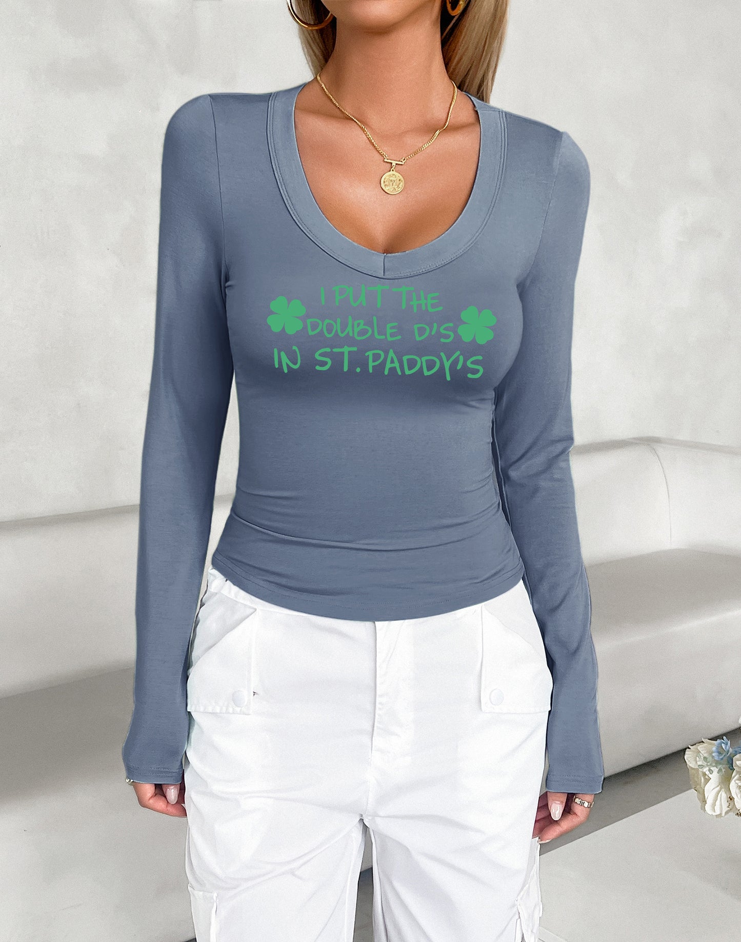 Saint Patrick’s Day Lucky Clover U Neck Long Sleeve Top