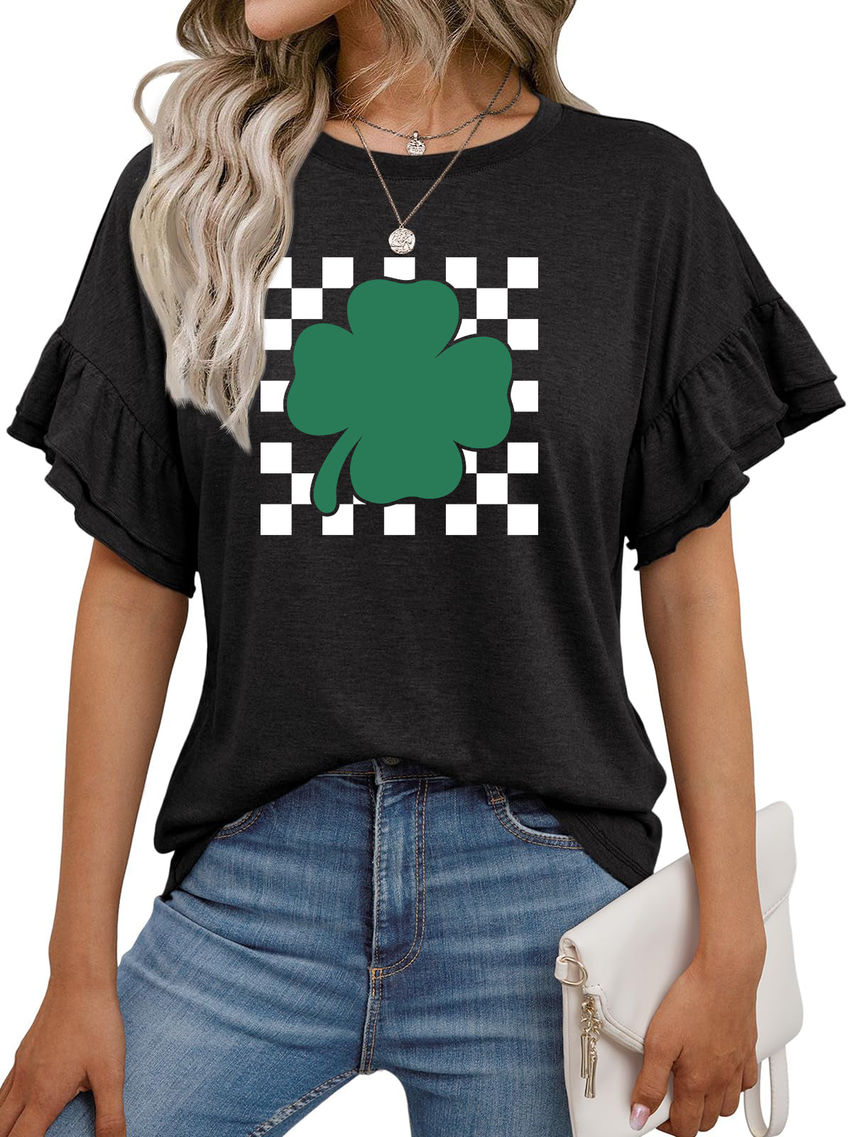 St Patricks Day Shamrock Checkerboard Ruffle Sleeve Top