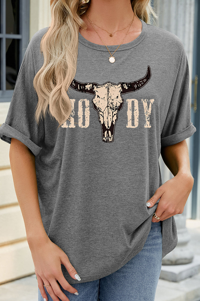 Howdy Cow Skull Graphic Tee Casual Western Loose Top