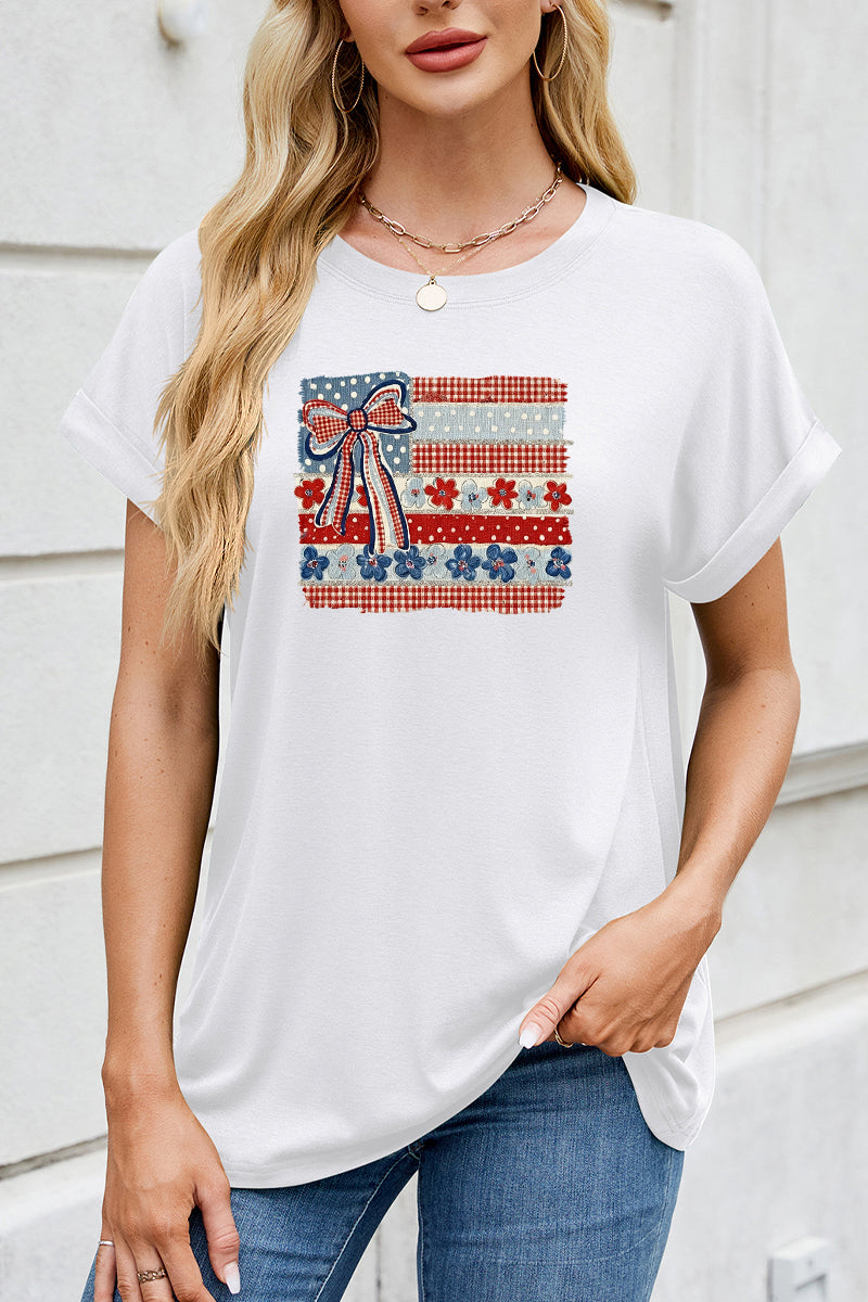 USA Flag Bow Graphic Tee Women Patriotic 4th of July