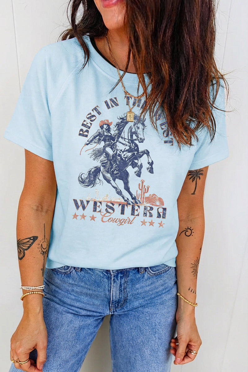 Western Horse Graphic Sweat Tee Casual Loose Cowgirl Top