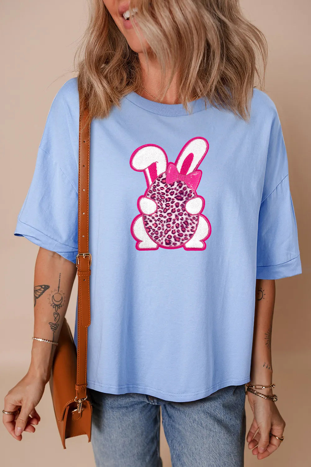 Easter Pink Bow Bunny Graphic Tee Casual Spring Womens Top