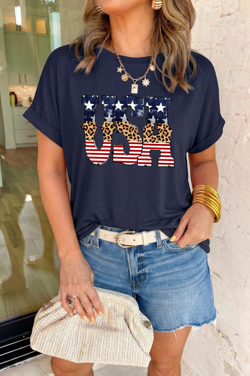 Women 4th of July USA Leopard Flag T Shirt