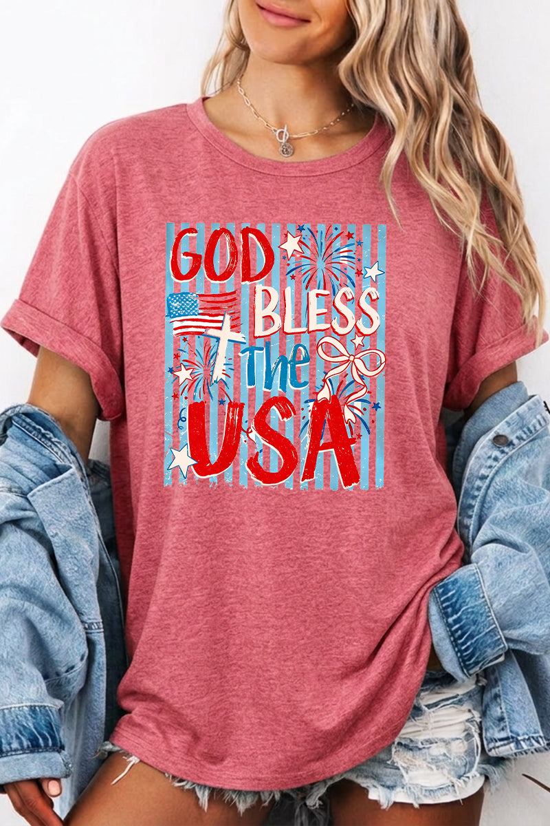 USA Flag Letter Graphic Tee Relaxed Fit Summer Top