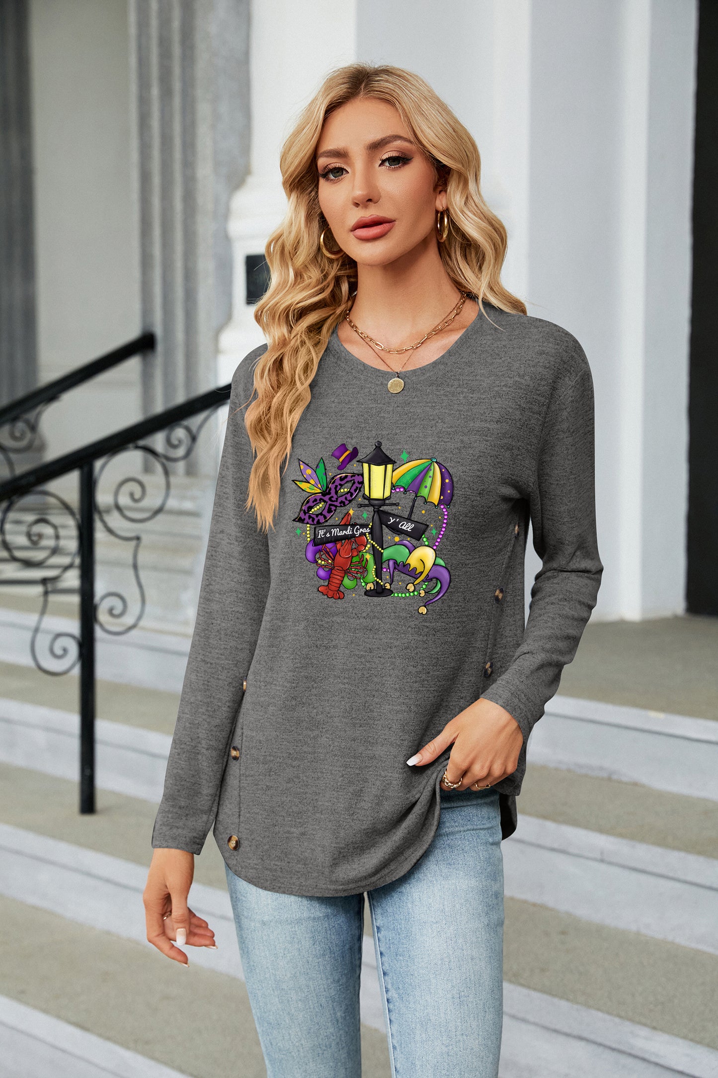 Mardi Gras Festive Mask Crown Graphic Casual Top