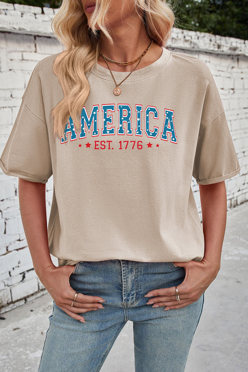 America EST 1776 Print Rayon Tee Oversized Patriotic Top