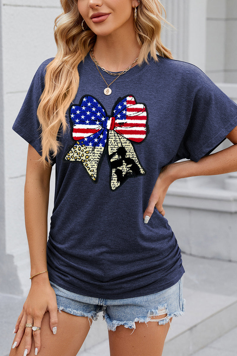 Patriotic Double Bow Graphic 4th of July Casual Tee