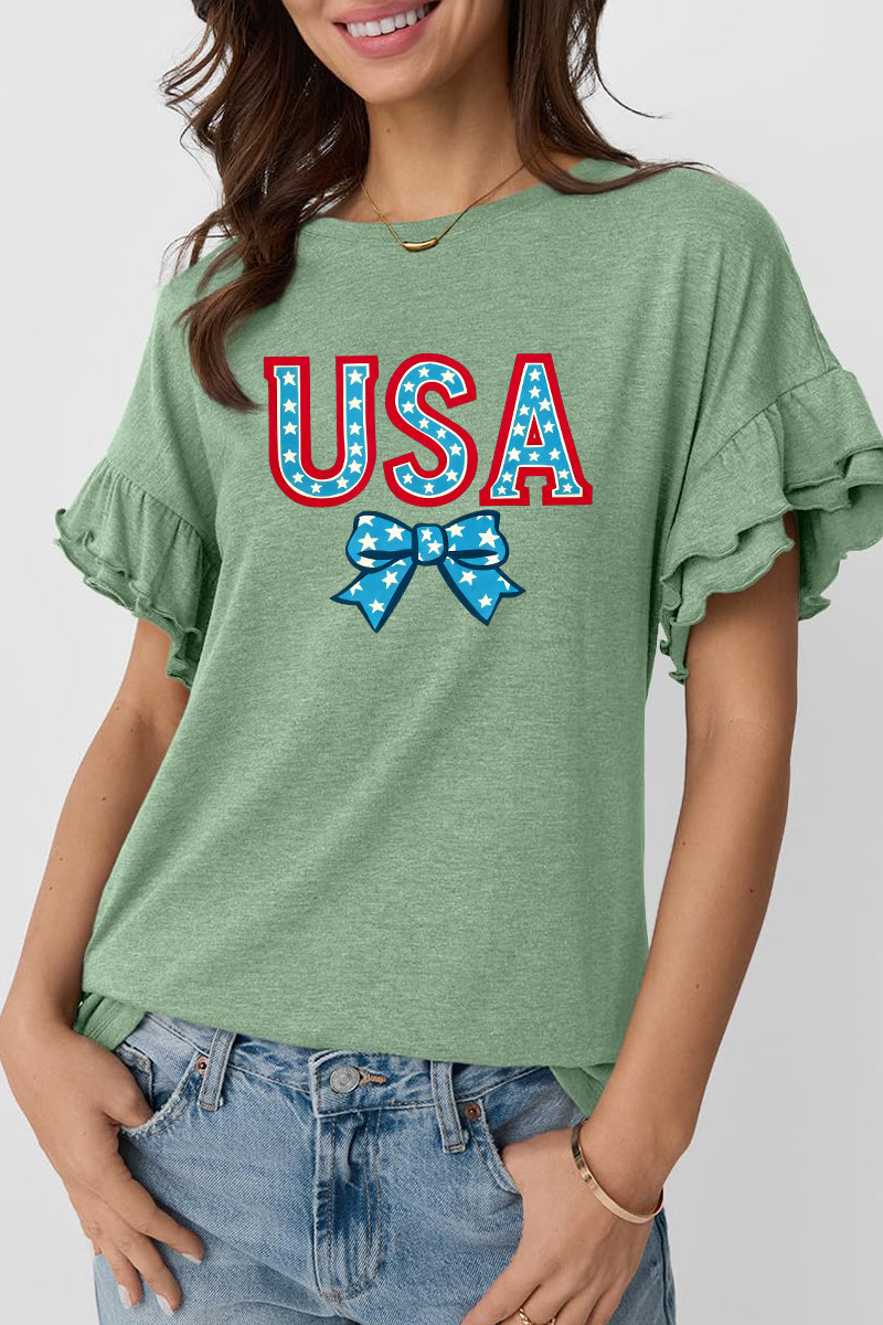 USA Bow Graphic Ruffle Sleeve Patriotic Holiday Tee