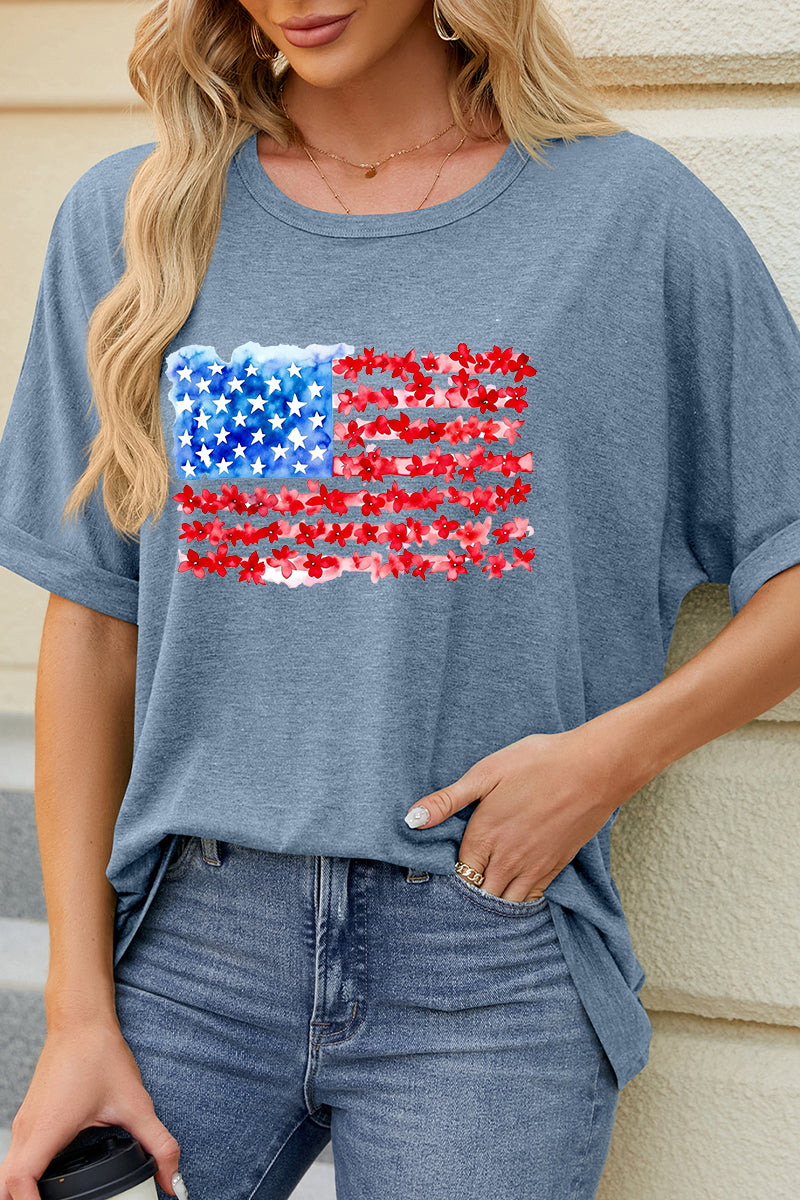 Floral American Flag Graphic Tee Fourth of July Patriotic Casual T Shirt