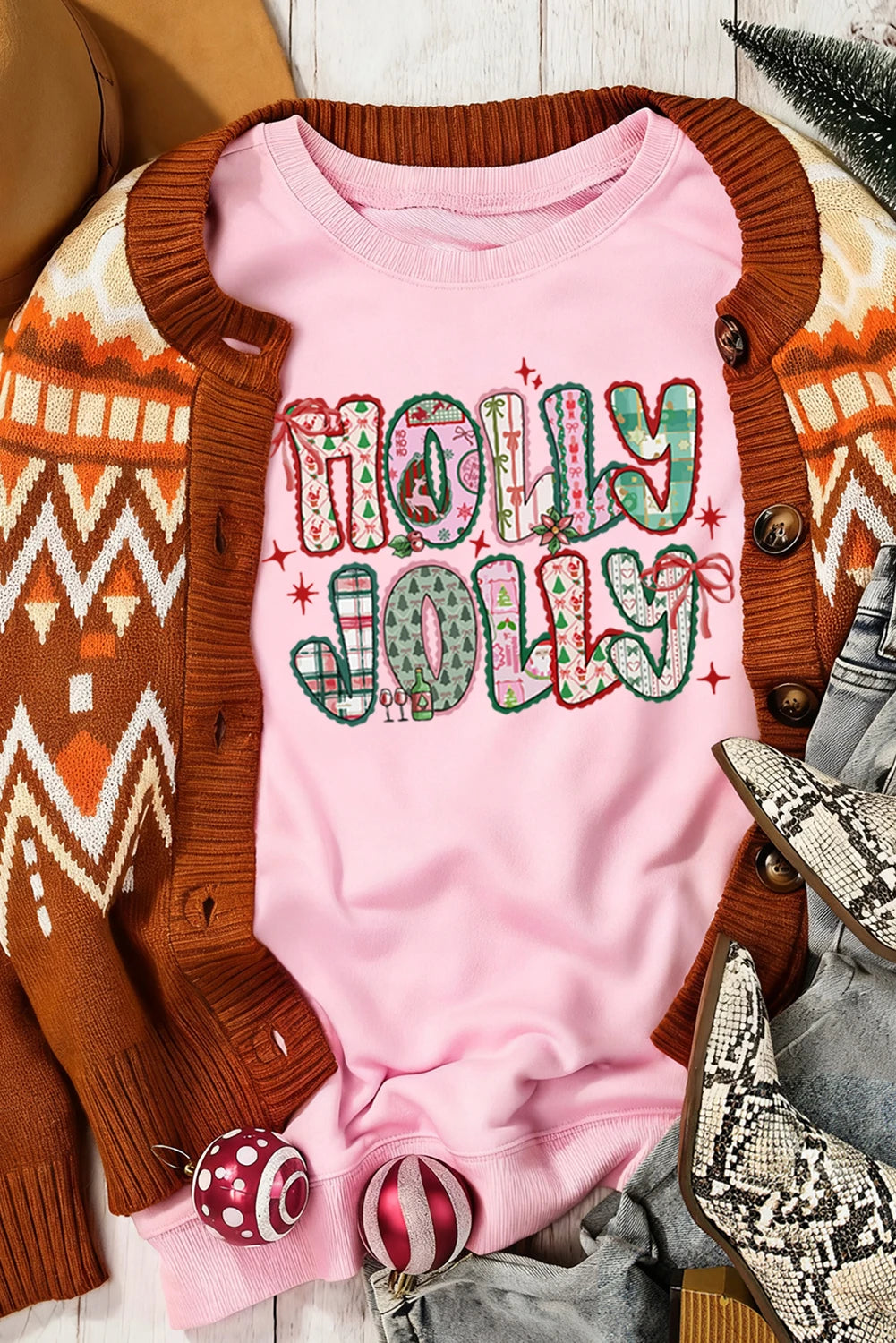 Pink HOLLY JOLLY Cute Holiday Graphic Sweatshirt