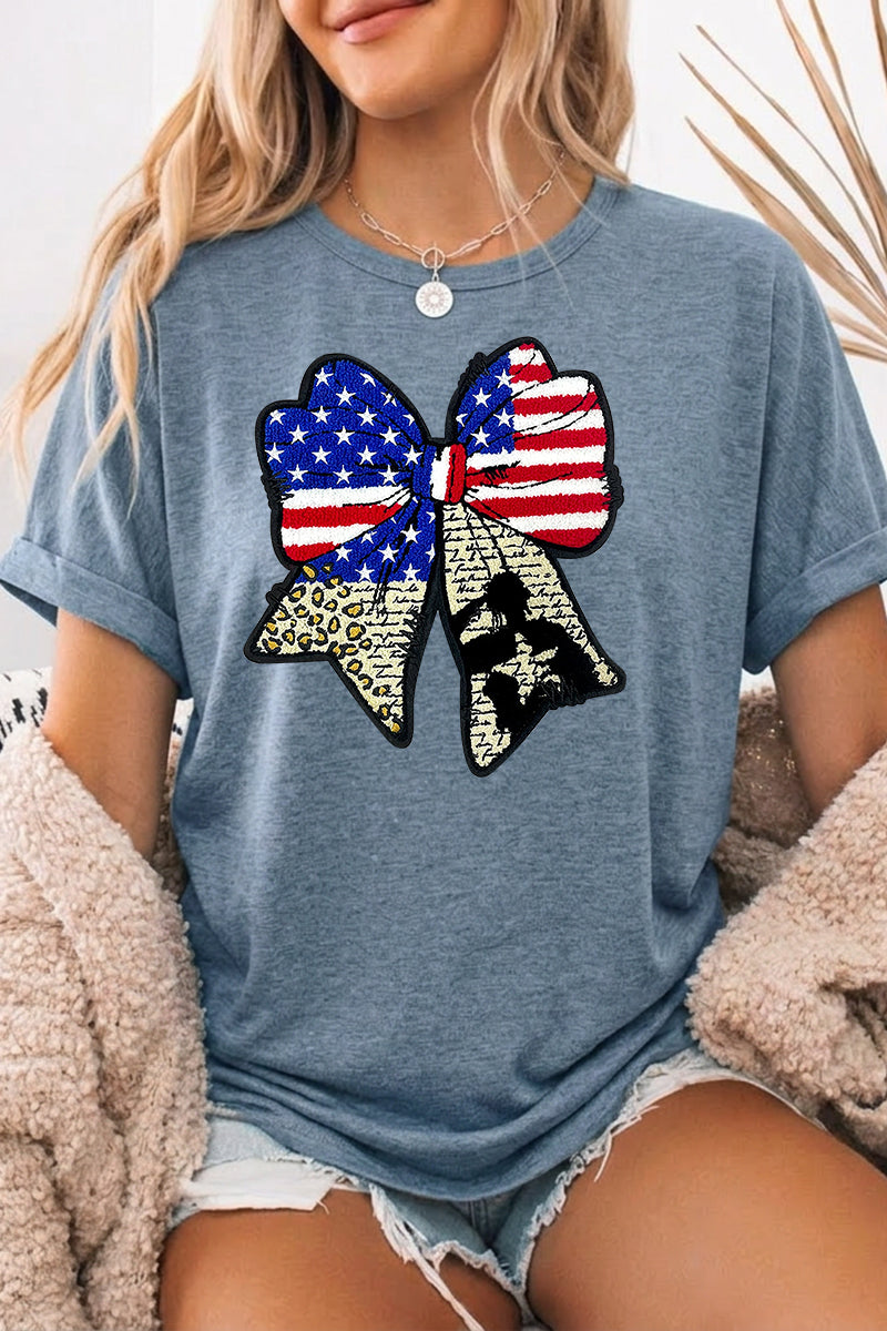 July 4th USA Flag Bow Graphic T Shirt Women